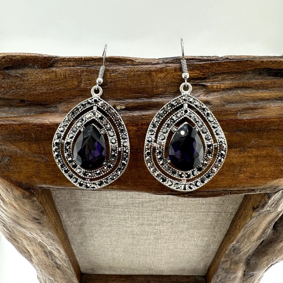 Teardrop Silver Tone Wavy Dangle Earrings Large Purple Rhinestone Small Black 2" - Picture 6 of 13